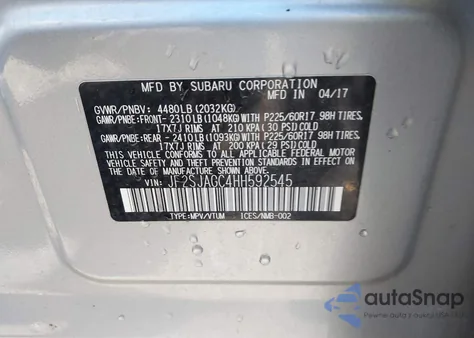 2017 Subaru Forester 2.5I Premium из США, поврежденный, VIN JF2SJAGC4HH592545